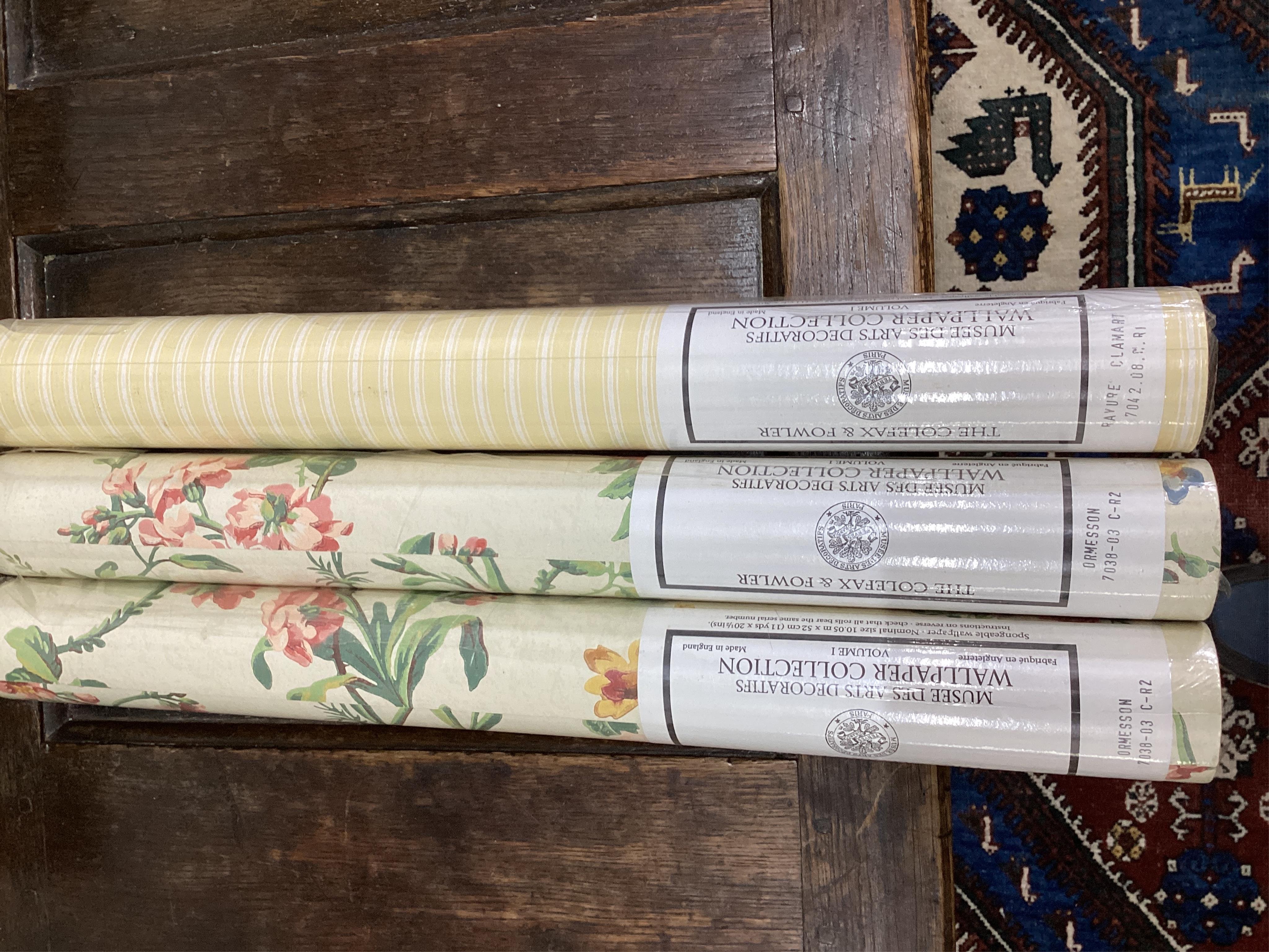 Twelve rolls of Colefax and Fowler wallpaper, mostly cellophane wrapped